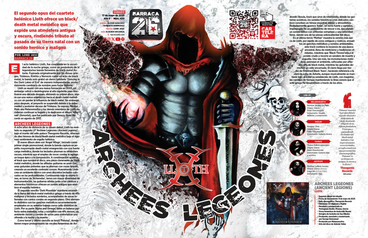 Barraca_26's tweet image. En nuestra edición 430, presentamos el segundo LP 'Archees Legeones (Ancient Legions)', del cuarteto helénico de black/death metal #Lloth, recién liberado por #TheogoniaRecords.
Visita nuestro sitio WEB y descarga el PDF:
barraca26.com/js_albums/llot…
🤘🇬🇷🤘