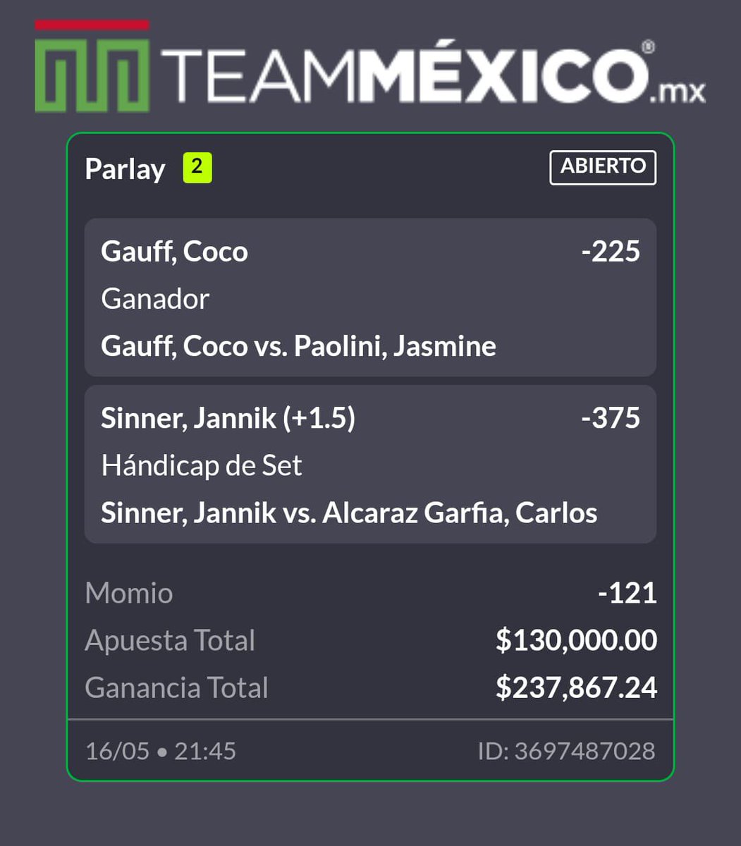 Aposté 280 mil pesotes en un parlay de tenis. Quería meter medio millón pero al casino le entró miedo y me limitó. Si son de los que critican estas apuestas me vale, es el camino correcto, sigan ustedes con puro underdog complicándose solos. Si quieren doblar su lana síganme…