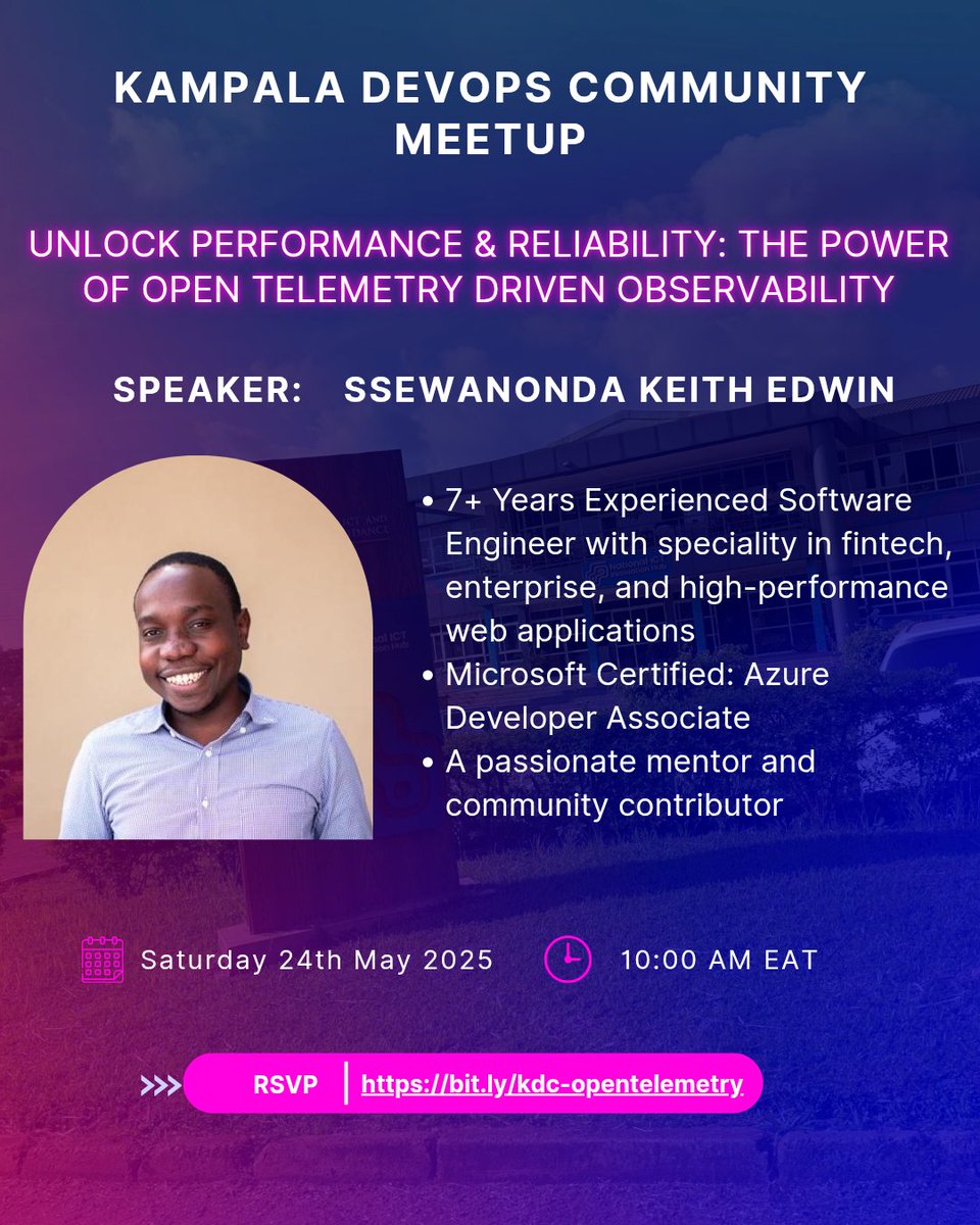 kyandaks's tweet image. Join #KampalaDevopsCommunity &apos;s 1st meetup on 24th May at @InnovationHubUg Nakawa

Session will focus on #OpenTelemetry &amp;amp; how we can utilize it to gain deeper insights into apps &amp;amp; infrastructure for improved performance &amp;amp; reduced downtime.
Book free slot: bit.ly/kdc-openteleme…