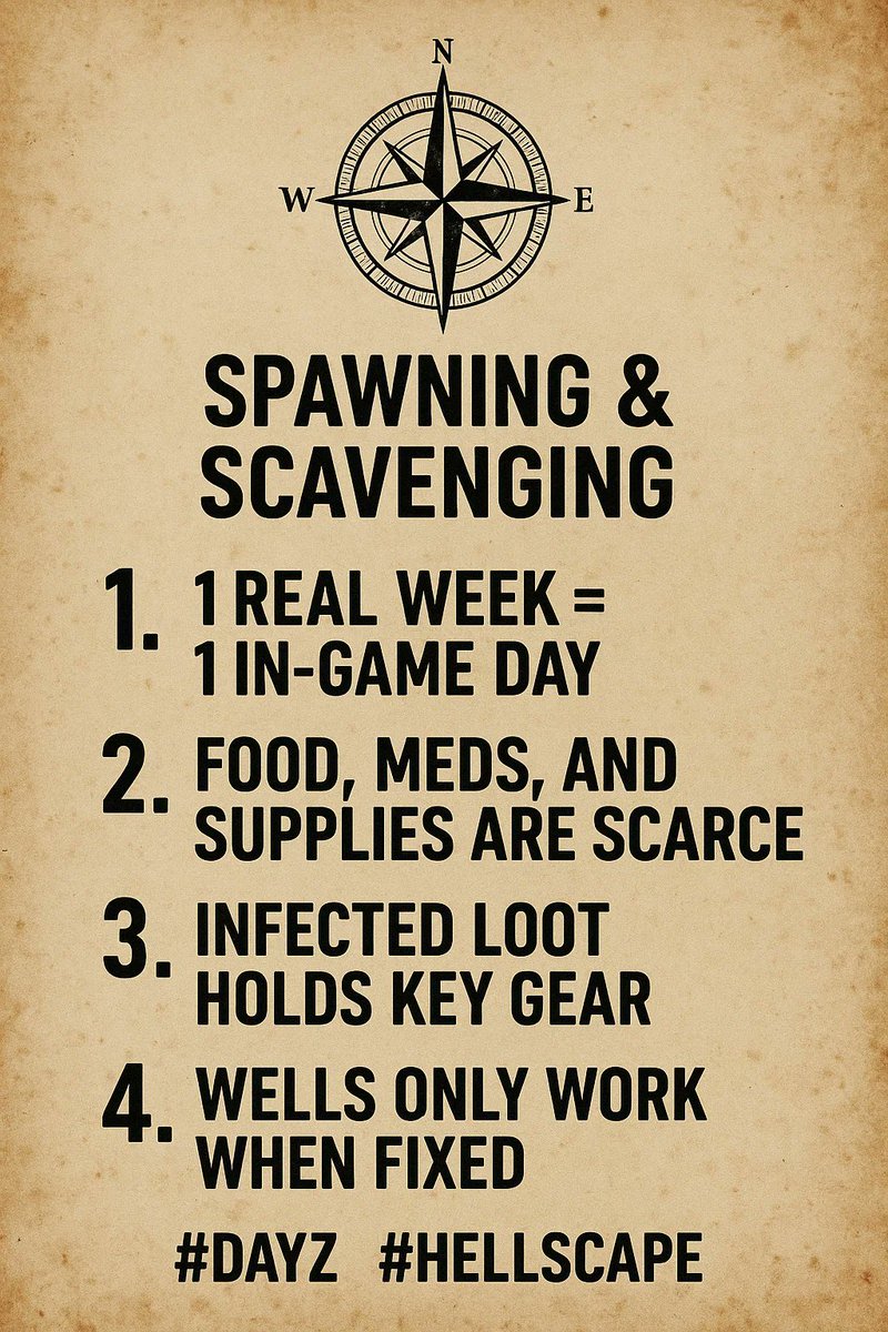JoeTrojanDayZ's tweet image. HELLSCAPE GAMELOOP 1/8
🧭 Spawning &amp;amp; Scavenging
⏳ 1 real week = 1 in-game day
🍎 Food, meds, and supplies are scarce
🧟 Infected loot holds key gear
💧Wells only work when fixed
#DayZ #Hellscape #Gameloop