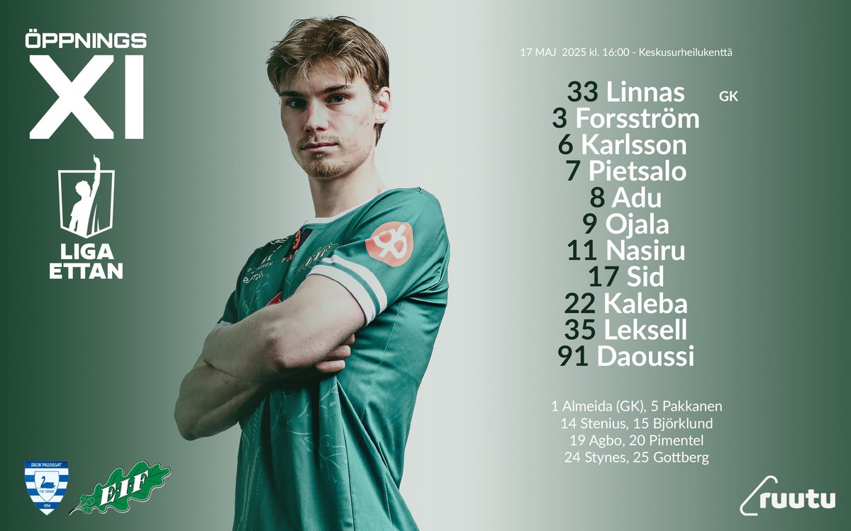 EIF Fotboll (@eiffotboll) on Twitter photo ÖPPNINGSELVA! Så här öppnar herrlaget idag mot <a href="/Joutsenlauma/">Salon Palloilijat</a> klockan 16:00 på Keskusurheilukenttä i Salo i <a href="/ykkosliiga/">Ykkösliiga</a>
Matchen ser du via <a href="/Ruutufi/">Ruutu</a>
📷 Fotograf Kjell Svenskberg ÖPPNINGSELVA! Så här öppnar herrlaget idag mot <a href="/Joutsenlauma/">Salon Palloilijat</a> klockan 16:00 på Keskusurheilukenttä i Salo i <a href="/ykkosliiga/">Ykkösliiga</a>
Matchen ser du via <a href="/Ruutufi/">Ruutu</a>
📷 Fotograf Kjell Svenskberg