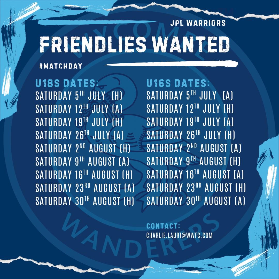 Wycombe Wanderers Women (πΒ³) (@wwfcwomen) on Twitter photo π¨Our U18s and U16s are looking for friendlies on the dates listed below!
π§ Please contact Charlie.lauri@wwfc.com if interested!
<a href="/wwfcfdn/">Wycombe Wanderers Foundation</a> | <a href="/WoSo_Friendlies/">WoSo Friendly Finder</a> π¨Our U18s and U16s are looking for friendlies on the dates listed below!
π§ Please contact Charlie.lauri@wwfc.com if interested!
<a href="/wwfcfdn/">Wycombe Wanderers Foundation</a> | <a href="/WoSo_Friendlies/">WoSo Friendly Finder</a>