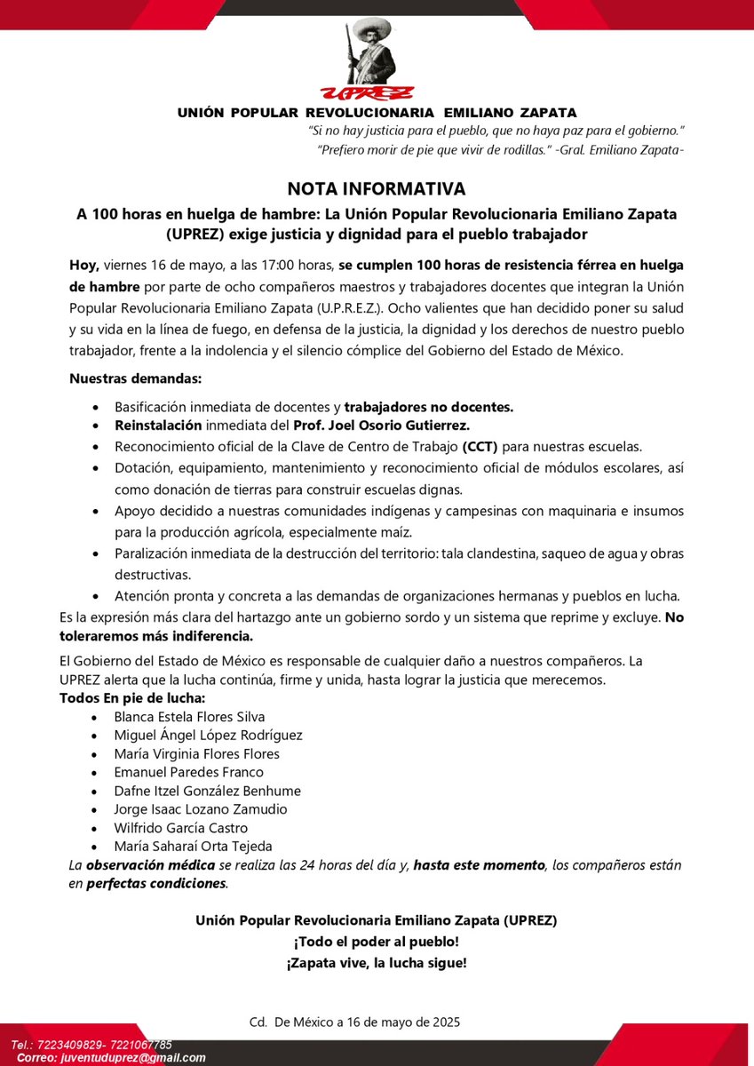 uprez's tweet image. Ningún maestro debería arriesgar su vida para exigir mejores  escuelas, plazas a docentes en activo, agua para las comunidades, protección del medio ambiente. ¡8 docentes en huelga de hambre para exigir  solución inmediata!
#100horasenHuelgadeHambre
