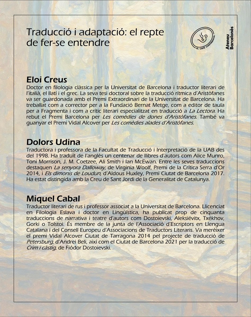 cafeconti_'s tweet photo. 📖 Ens plau portar-vos una nova tertúlia: *L’accessibilitat del text: entre la traducció i l’adaptació*, amb els excepcionals traductors Eloi Creus, @destret i Miquel Cabal.

🗓️ Dilluns 19 de maig a les 19h a l’ @ateneubcn

🎟️ Inscripcions: https://t.co/JWCh2AyK9i https://t.co/1bOmq1iEXM