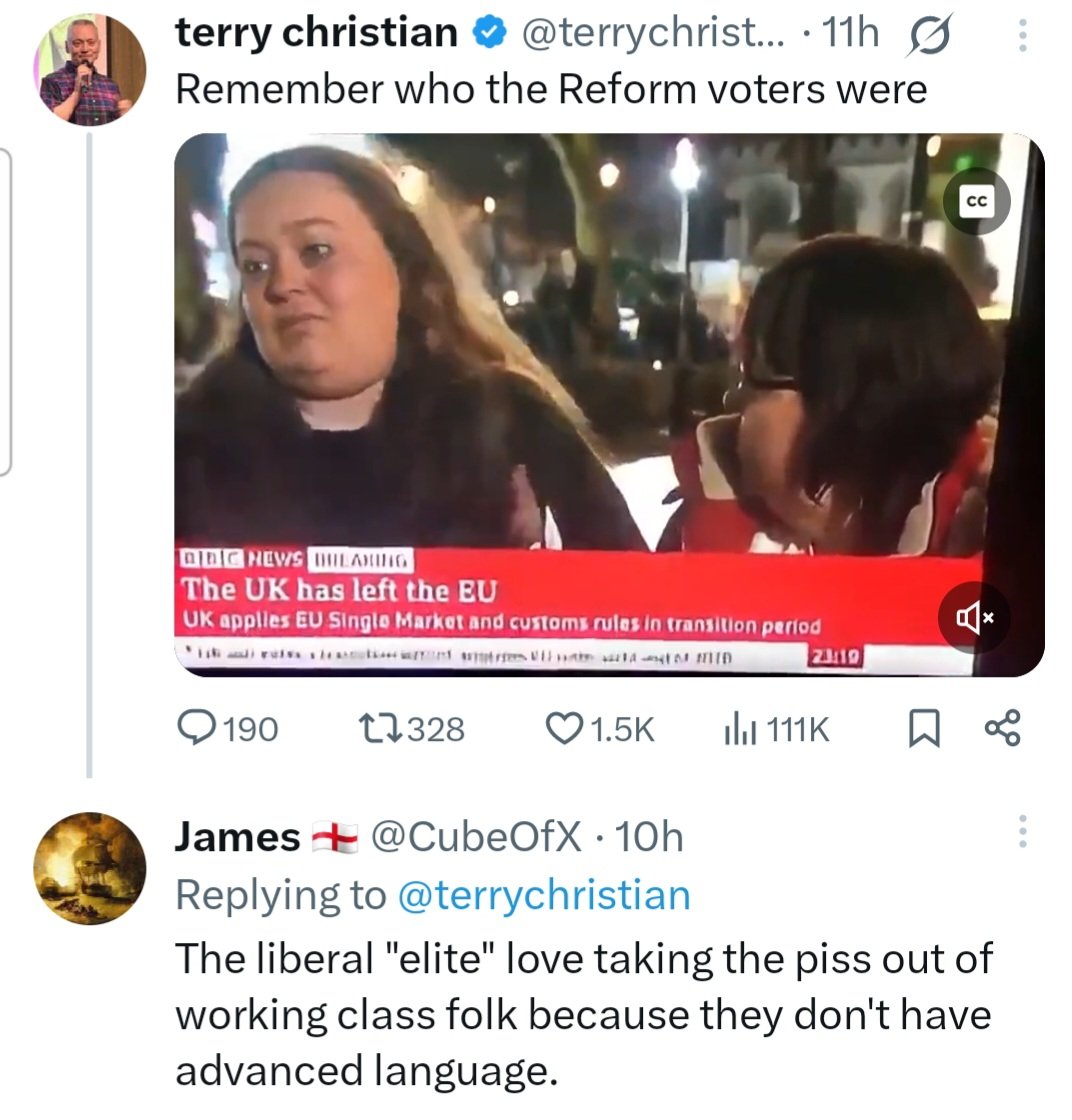 Midge1415's tweet photo. No James. As the offspring of a bricklayer &amp; a cleaner, I'm as working class as it gets. Just because I made use of my education, doesn't equate to me being a "liberal elite" any more than being as thick as mince is the requisite to being working class. You patronising pissflap🙄 https://t.co/hpCbSRy9WV