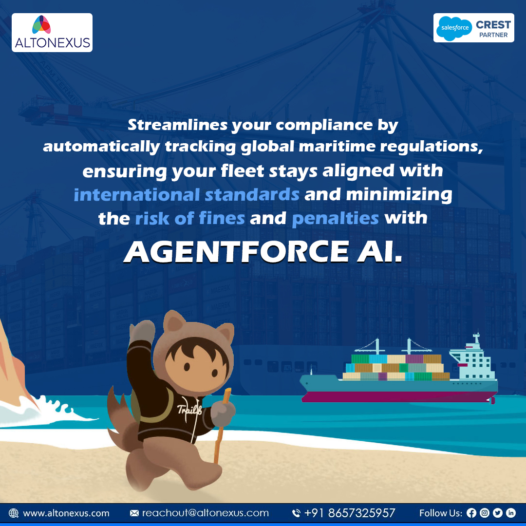 altonexus_info's tweet photo. Tracking maritime rules manually? That ship has sailed. 🚢
Let AgentForce AI handle it from real-time updates to full fleet alignment, all automated.
📉 Less risk, ⚖️ more control, 💼 total peace of mind.

#AgentForceAI #MaritimeCompliance #FleetManagement #MarineTech #Altonexus https://t.co/P7E4tjZQBY