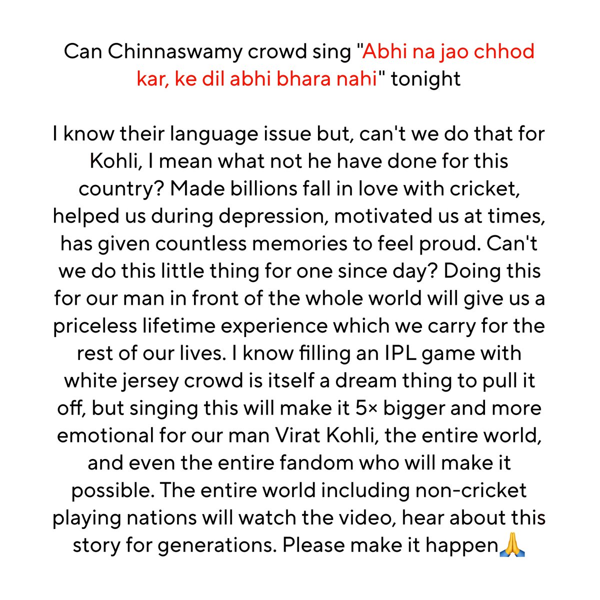 itswhatitisdude's tweet photo. The entire world including non-cricket playing nations will watch the videos, generations will hear this story. Pull it of Chinnaswamy. 🙏 https://t.co/bdRI02Jlp3