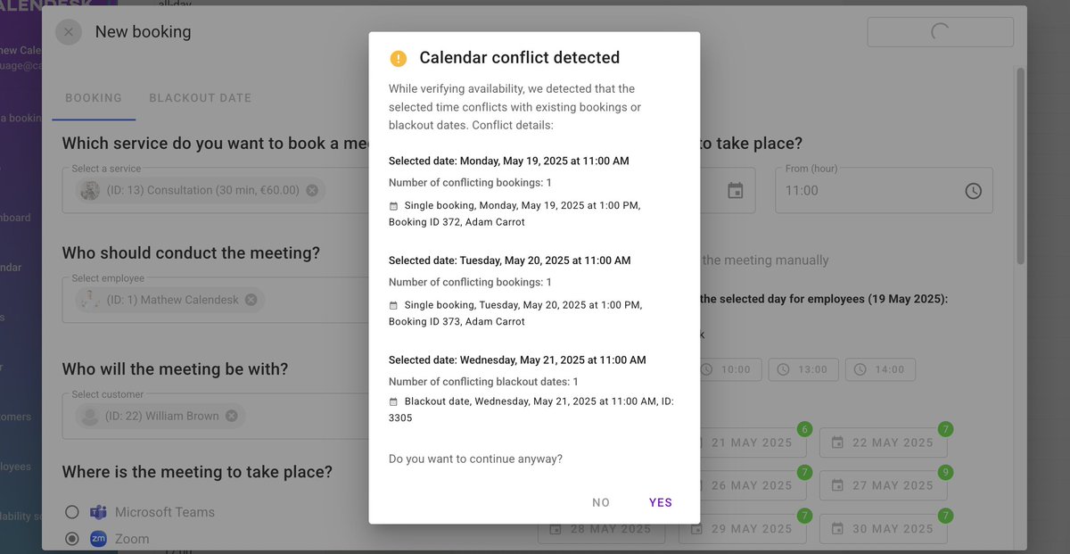 🚨 New feature alert from Calendesk!

Admins &amp; staff now get real-time conflict detection when creating bookings.

👥 No more double-bookings or clashing blackout dates.

#SaaS #Calendesk #Scheduling