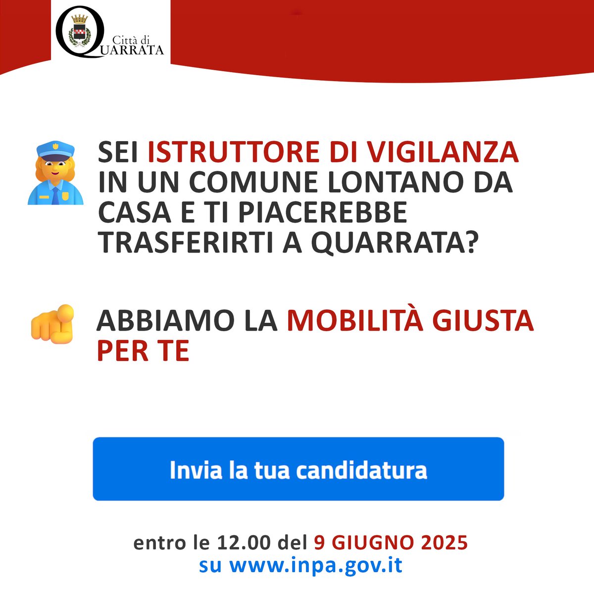 👮‍♀️ OPPORTUNITÀ DI TRASFERIMENTO
Sei istruttore di vigilanza in un comune lontano da casa e ti piacerebbe trasferirti a Quarrata? Abbiamo la mobilità giusta per te.

⏳Hai tempo fino alle ore 12 del 9/6

👉bit.ly/4j4xFEk