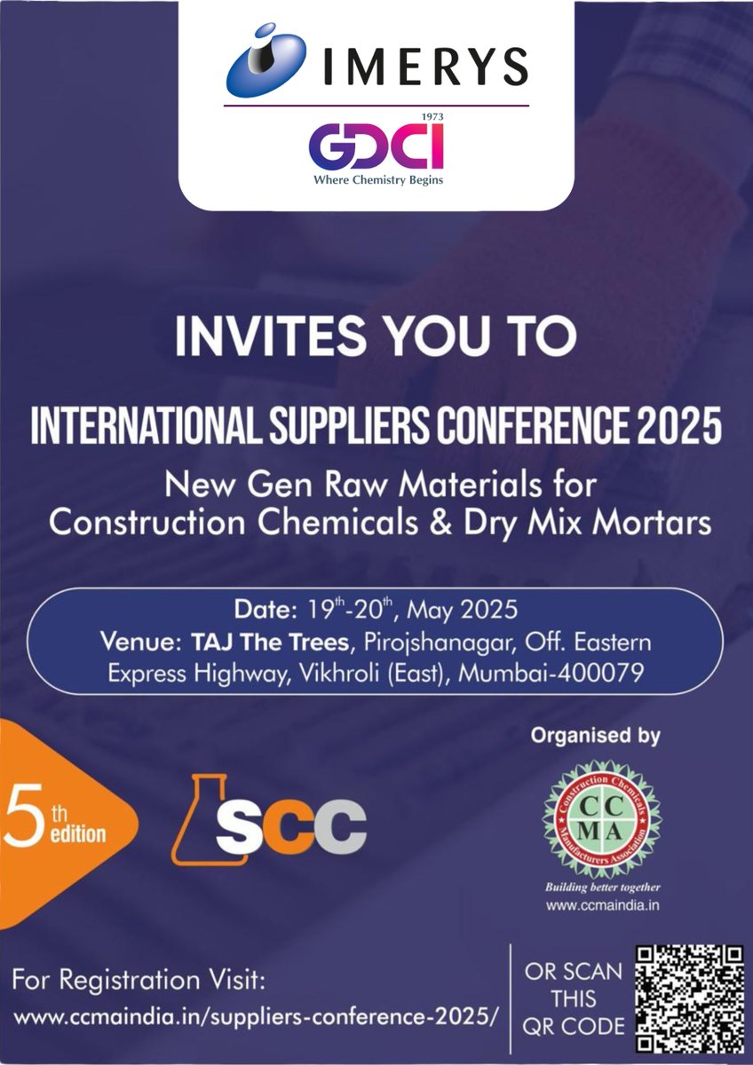 Excited to join the 5th International Suppliers Conference by CCMA, focused on
 "New Gen Raw Materials for Construction Chemicals &amp; Dry Mix Mortars."
📍 Mumbai | 📅 19–20 May 2025
Looking forward to meeting our Principals &amp; Customers! 😊

#IMERYS #GDCIIndia #ConstructionChemicals