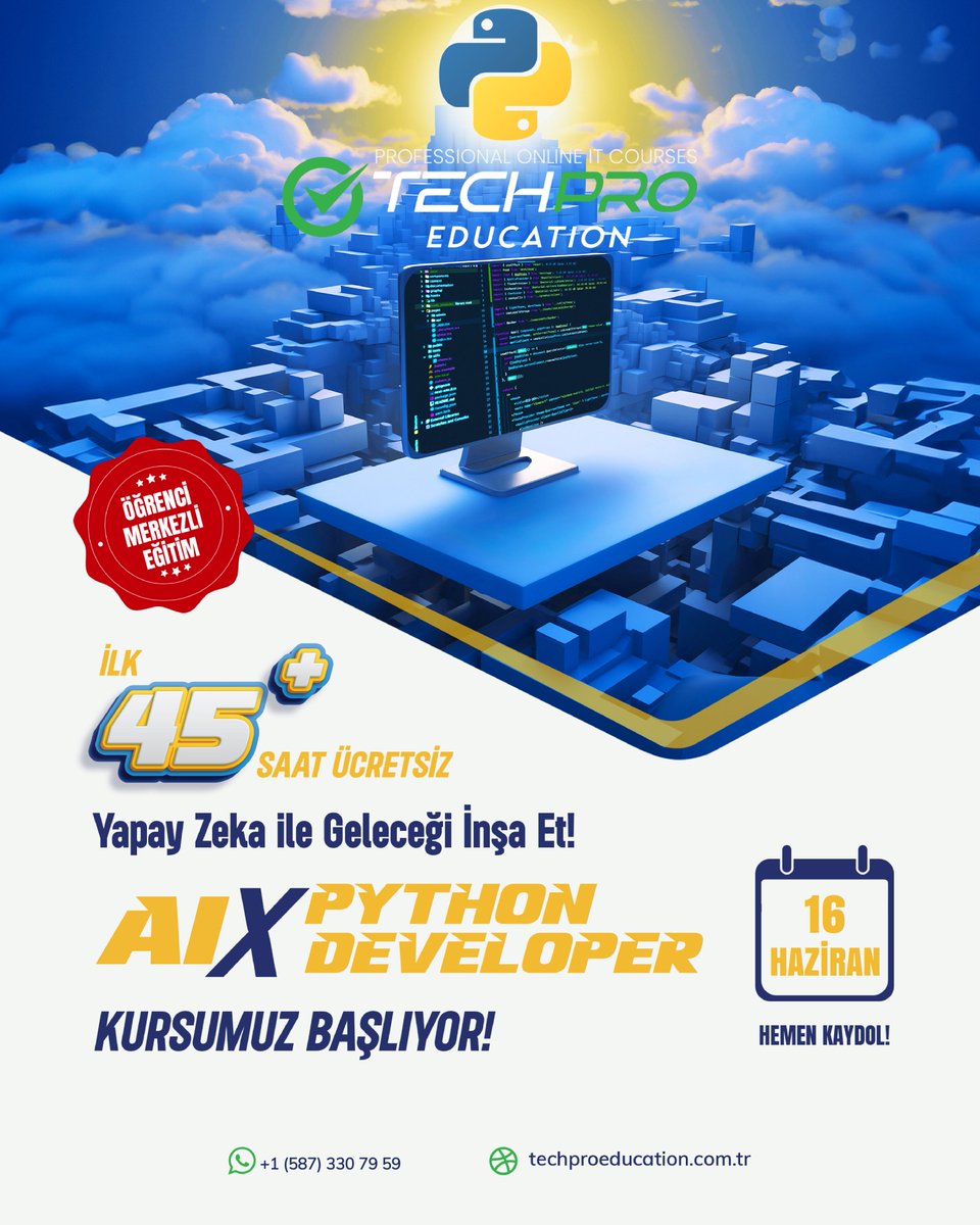 techproedu_tr's tweet image. 🎯 AI X Python Developer Kursumuz 16 Haziran&apos;da Başlıyor!

🚀 Hayallerindeki yazılım kariyerine Python ile adım atarak geleceğini inşa et!

#PythonKursu #TeknolojiEğitimi #YapayZeka #WebGeliştirme #VeriBilimi