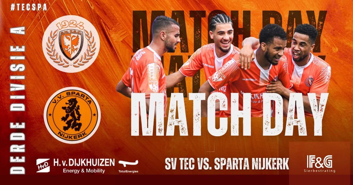 🔥#Matchday 🔥
⚽ sv TEC 🆚 <a href="/spartanijkerk/">Sparta Nijkerk 🧡🖤</a> 
🏆 #DerdeDivisieA
🗓️ Vandaag
🕝 15:30 uur
🏟️ Sportpark De Lok, Tiel
🎟️ 6,00 aan de kassa. Jeugd tot 18 gratis.
📱  #tecspa 🟠⚪
🐦 x.com/sv_tec 
📸 @Bonnet08H Helly photography