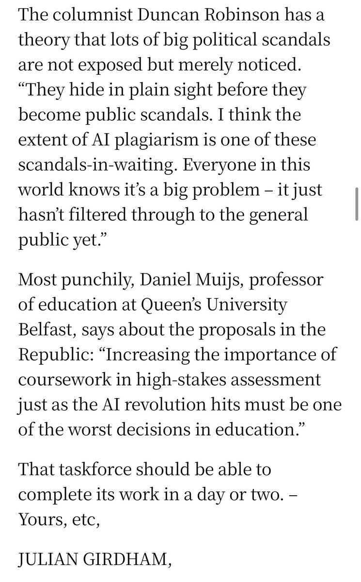 And excellent letter from <a href="/sccenglish/">SCC English</a> in today’s Irish Times, on AI in Education.