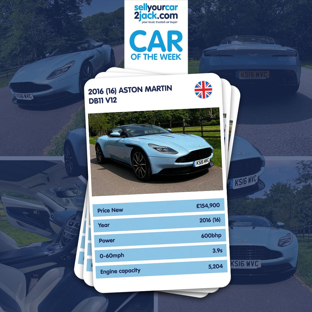 sell2jack's tweet photo. This week's Car of the Week is the elegant and exhilarating 2016 Aston Martin DB11 V12 a grand tourer that blends timeless design with breathtaking performance. Under the bonnet sits a hand-built 5.2L twin-turbo V12, pushing out 600bhp and launching from 0–60mph in 3.9 seconds. https://t.co/IrT6dJDvIo