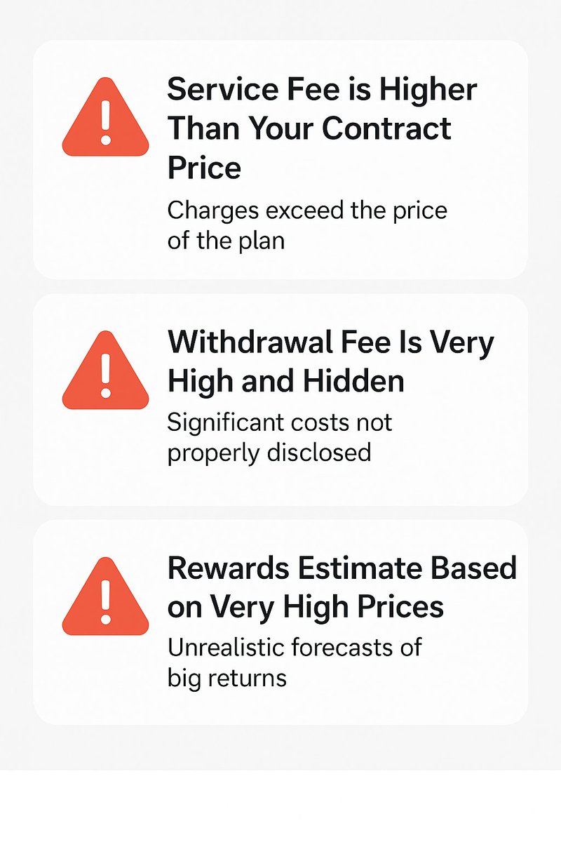 🚩 3 Red Flags to Watch Before Choosing a Cloud Mining Platform

1️⃣ Service Fee &gt; Contract Price
If the fees eat up more than your mining contract — it’s a trap.
2️⃣ Hidden Withdrawal Fees
You mine, but can’t withdraw without losing big? Bad sign.

3️⃣ Unrealistic Profit Promises