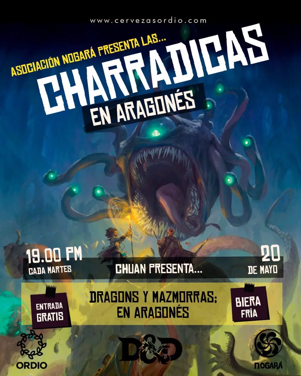 📚🗣️ Este martes en <a href="/cervezasordio/">ᴏʀᴅɪᴏ</a> tendremos una buena enchaquia pa escuitar a #Chuan en a suya presentación de #DragonsyMazmorras en #aragonés