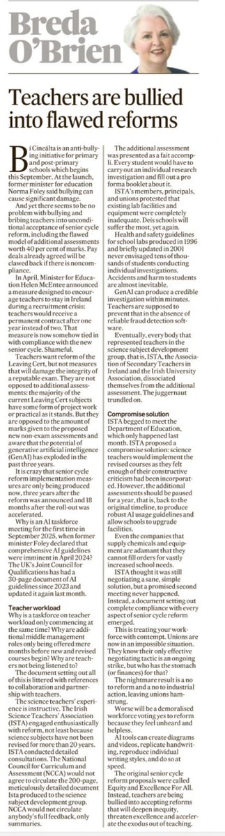 Breda O’Brien in today’s <a href="/IrishTimes/">The Irish Times</a> makes strong references to the experience of <a href="/IrishSciTeach/">ISTA</a> during the Senior Cycle redevelopment. It’s a powerful piece, that holds no punches; it is clear that AACs in SC sciences are not workable at present. The Dept need to consider their
