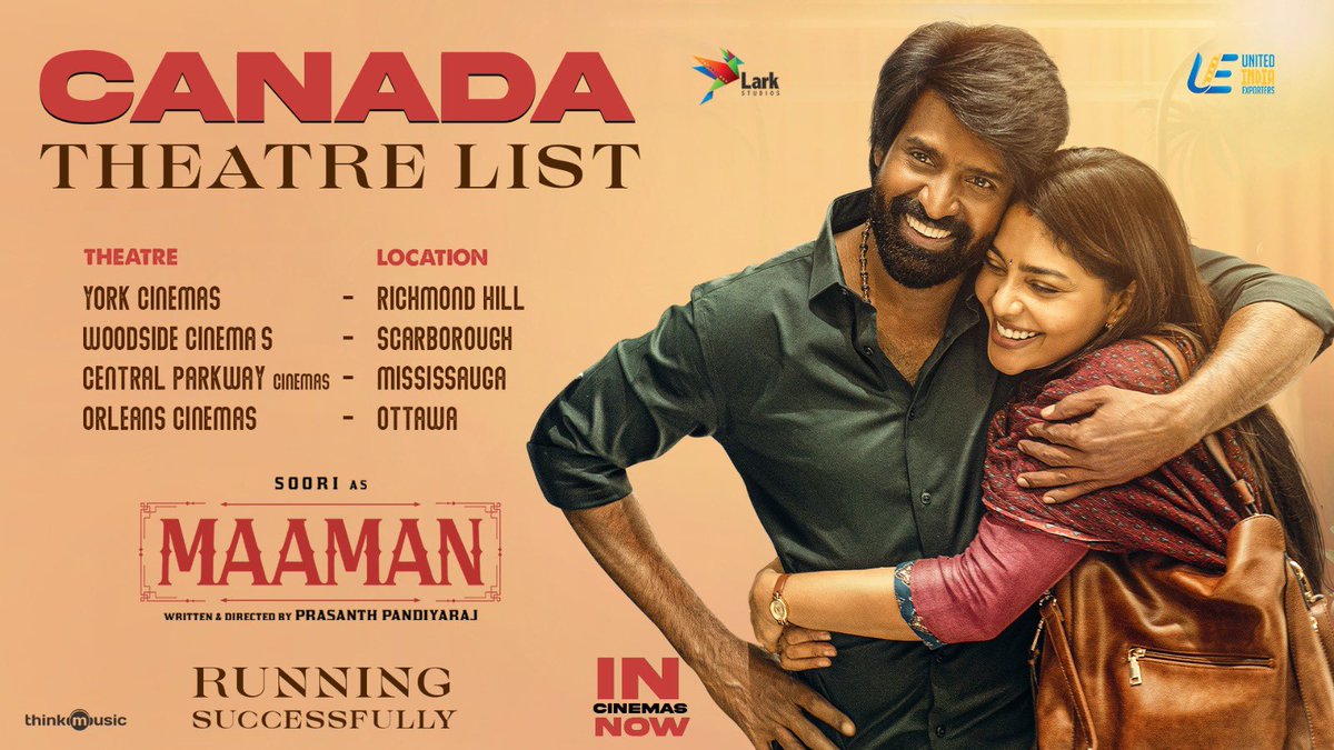 Movies Singapore (@moviessingapore) on Twitter photo #Maaman Canada 🇨🇦 Theatre List
Worldwide 🌏 release by <a href="/uie_offl/">United India Exporters</a> <a href="/Mdanees_3/">Md Anees</a>
Starring 🌟 <a href="/sooriofficial/">Actor Soori</a>
Directed by <a href="/p_santh/">prasanth.P</a>
A <a href="/HeshamAWmusic/">Hesham Abdul Wahab</a> Musical
Produced by <a href="/kumarkarupannan/">Kumar K</a> <a href="/larkstudios1/">Lark Studios</a>
#MaamanFromMay16
@AishuL #Swasika #RajKiran #JayaPrakash <a href="/Bala_actor/">Bala saravanan actor</a> #BabaBaskar #Maaman Canada 🇨🇦 Theatre List
Worldwide 🌏 release by <a href="/uie_offl/">United India Exporters</a> <a href="/Mdanees_3/">Md Anees</a>
Starring 🌟 <a href="/sooriofficial/">Actor Soori</a>
Directed by <a href="/p_santh/">prasanth.P</a>
A <a href="/HeshamAWmusic/">Hesham Abdul Wahab</a> Musical
Produced by <a href="/kumarkarupannan/">Kumar K</a> <a href="/larkstudios1/">Lark Studios</a>
#MaamanFromMay16
@AishuL #Swasika #RajKiran #JayaPrakash <a href="/Bala_actor/">Bala saravanan actor</a> #BabaBaskar