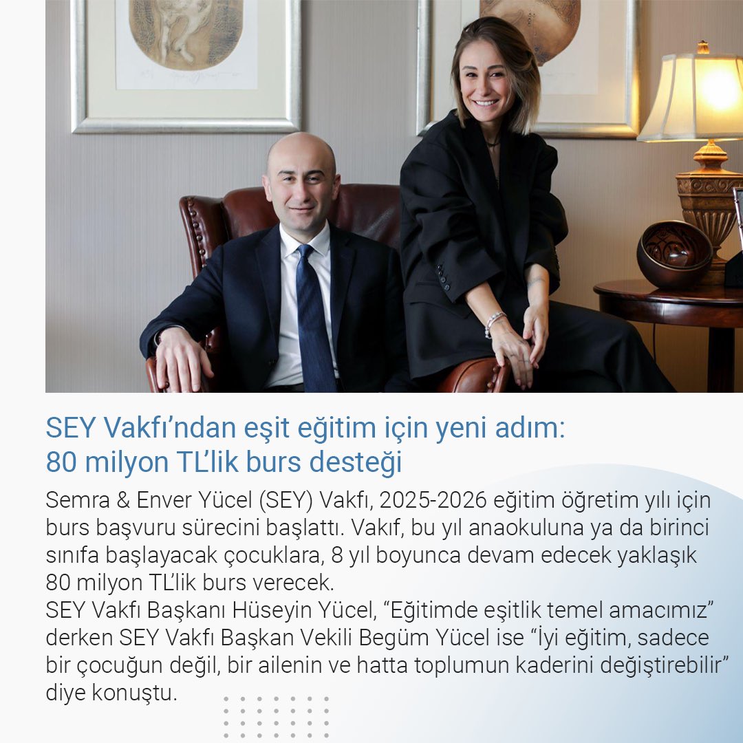 Semra &amp; Enver Yücel (SEY) Vakfı, bu yıl anaokuluna ya da birinci sınıfa başlayacak çocuklara, 8 yıl boyunca devam edecek yaklaşık 80 milyon TL’lik burs verecek.
dha.com.tr/egitim/sey-vak…