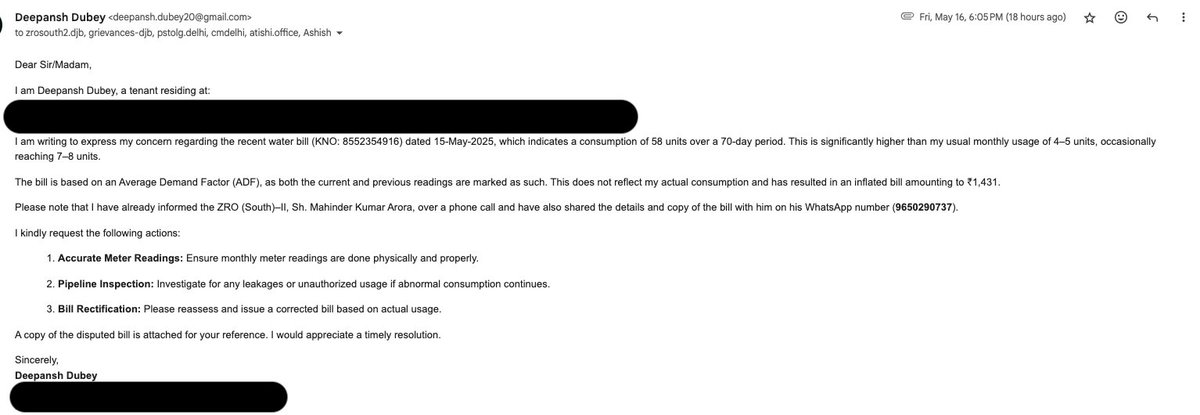 deepanshdubey_'s tweet photo. @DelhiJalBoard My water bill (KNO: 8552354916) for just 2 months shows 58 units, way above my usual 4–5 units/month.It’s based on ADF, not actual reading. Kindly look into this and ensure accurate monthly meter readings. Details shared with ZRO on mail too. #WaterBillIssue #Delhi https://t.co/sPx4EwxHXG