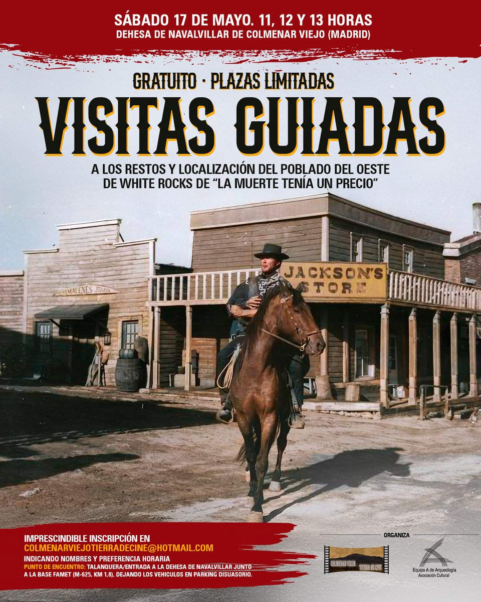 Film Madrid (@film_madrid) on Twitter photo 🤠 'Colmenar Viejo, Tierra de Cine' organizan hoy sábado (11h, 12h, 13h) visitas guiadas a la localización del poblado del oeste de "La muerte tenía un precio" en la Dehesa de Navalvillar
✍️ El cupo es limitado y es necesaria inscripción en colmenarviejotierradecine@hotmail.com 🤠 'Colmenar Viejo, Tierra de Cine' organizan hoy sábado (11h, 12h, 13h) visitas guiadas a la localización del poblado del oeste de "La muerte tenía un precio" en la Dehesa de Navalvillar
✍️ El cupo es limitado y es necesaria inscripción en colmenarviejotierradecine@hotmail.com