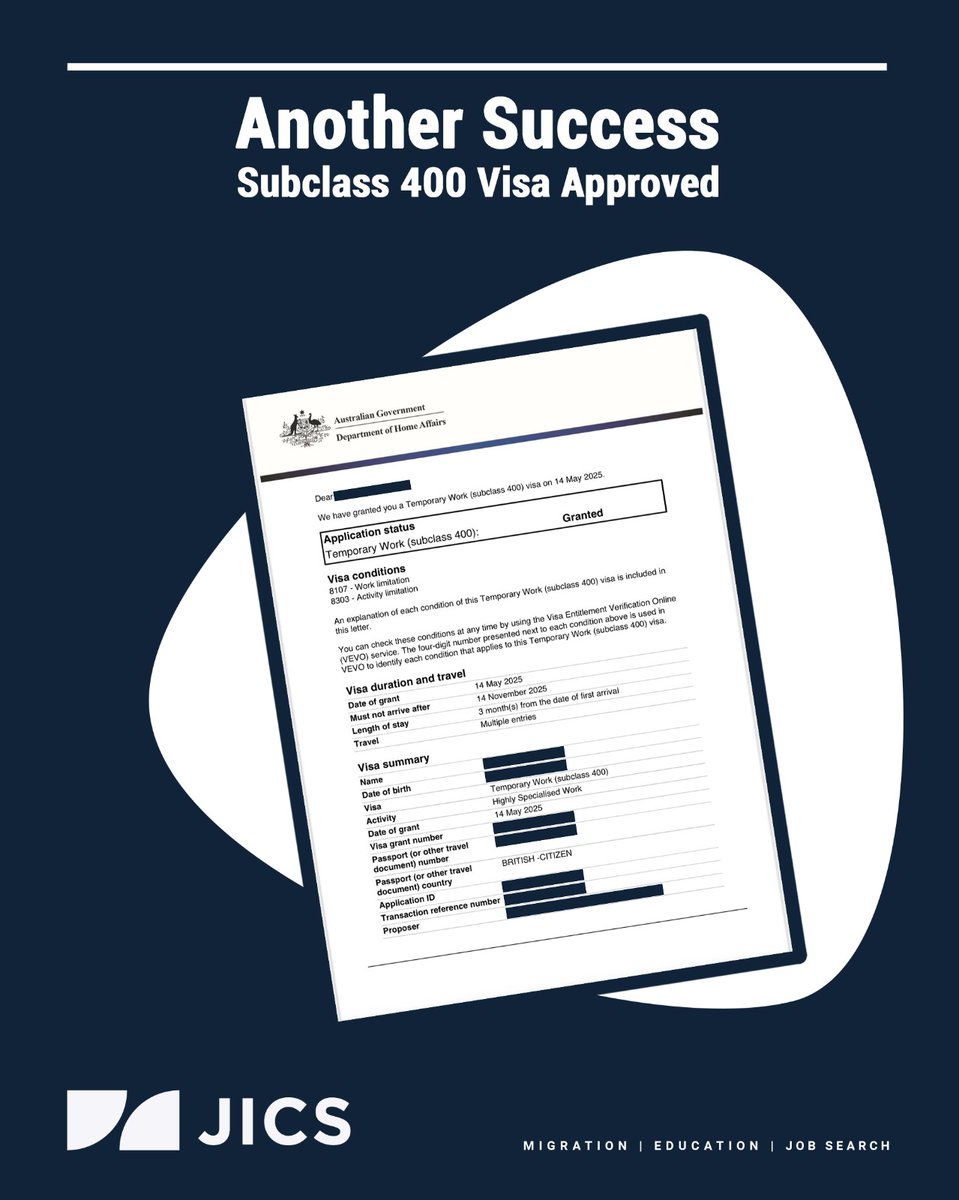 jicsaustralia's tweet image. Another win! 🇦🇺
Subclass 400 Visa Approved for our client! 🙌
Skilled, focused &amp;amp; ready for new opportunities in Australia.

Thinking of working abroad? Let’s make it happen! 💼✈️

#Subclass400 #VisaApproved #MigrationSuccess #JICSMigration