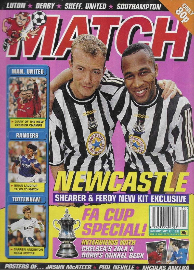 AK90s's tweet photo. It’s 1997 and this bright pink beauty is this weeks @matchmagazine offering. 

New kits, FA Cup preview and a Darren Anderton mega poster. Lovely stuff #Keepit90s https://t.co/HpOffelBN9