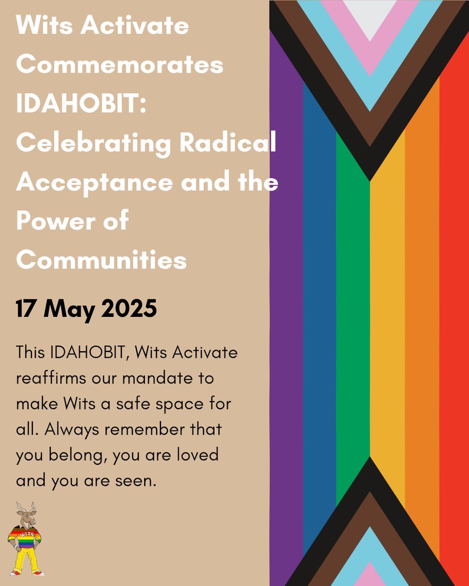 Wits Activate marks IDAHOBIT 2025 by affirming our commitment to creating a campus where all LGBTQIA+ identities are respected, protected, and celebrated. ✊🏾🏳️‍🌈✨️
#IDAHOBIT2025 #WitsActivate