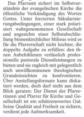 Quo vadis, Pfarrdienst? Die Debatte, von den Landeskirchen engagiert gestartet, vom Pfarrer:innenverband bisher zögerlich aufgenommen, findet heute statt in <a href="/FAZ_Feuilleton/">FAZ Feuilleton</a> S.11. - Unser ausführlicher Beitrag zur Zukunft der Anstellungsverhältnisse unter: ekd.de/ekd_de/ds_doc/…