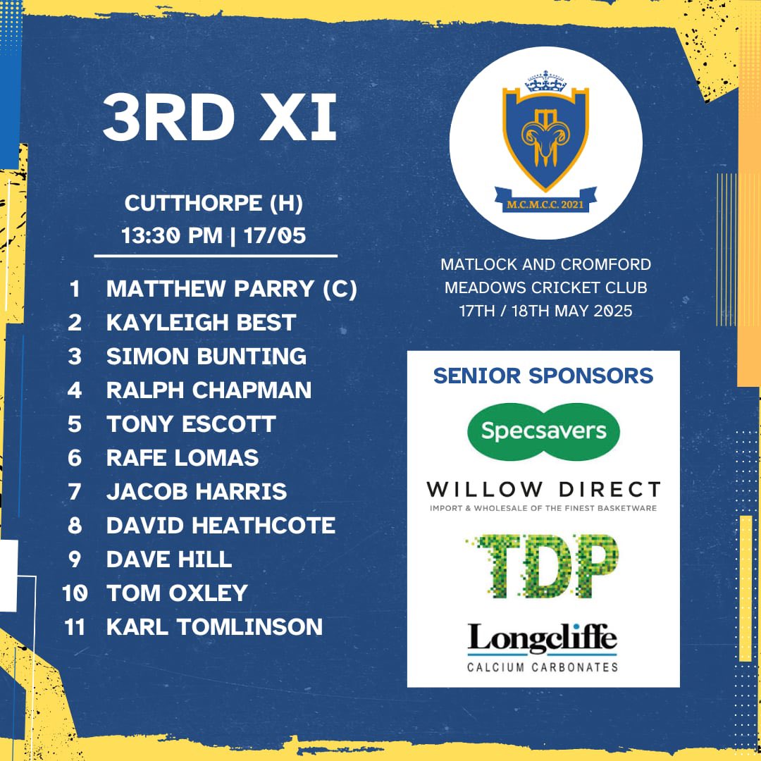 SATURDAY CRICKET!!! 

3 games for you today. 

1️⃣ 1st Team (A) @ Ambergate | 1pm 
2️⃣ 2nd Team (H) Vs Clowne | 1:30pm 
3️⃣ 3rd Team (H) Vs Cutthorpe | 1:30pm

GO WELL ALL!!! 🙌🏻🏏

#MCMCC | #MatlockCricket