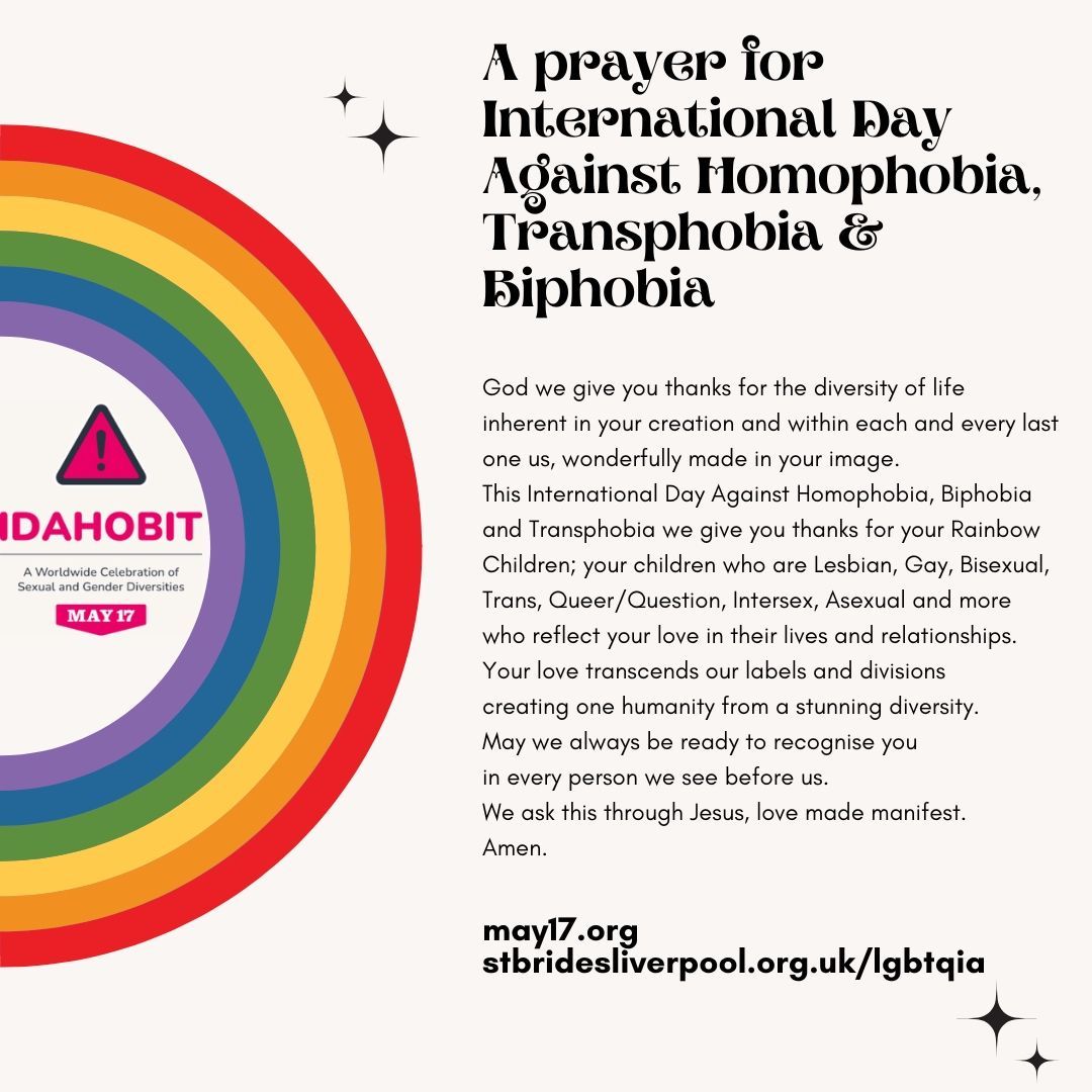 To mark International day against homophobia, transphobia and biphobia, Warren, our ministry facilitator, has writing this wonderful prayer. 

Want to know more about #IDAHOBIT? There’s more info on the St Brides blog: stbridesliverpool.org.uk/blog/2025/idah…