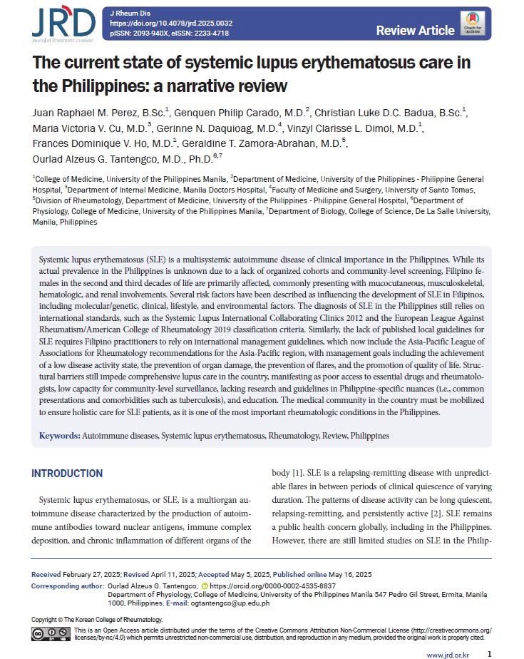 Excited to share our review article on SLE care in the Philippines! 🇵🇭 

Thank you to our senior and consultant authors, <a href="/drdrlads/">Ourlad Tantengco</a> <a href="/doktora_ging/">Dr. Geraldine Zamora</a> for the guidance.

And to the rest of our co-authors as well: <a href="/_quenphilip/">健児</a> <a href="/francesvho/">Frances Ho, MD</a> et al.

READ: jrd.or.kr/journal/view.h…

#med