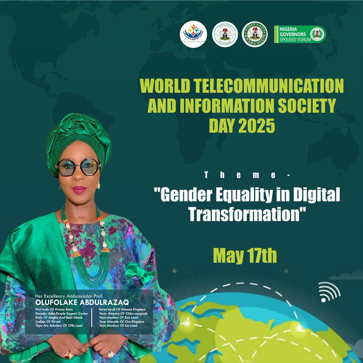 firstladykwara's tweet photo. World Telecommunication and Information Society Day 2025
May 17th
Theme- "Gender Equality in Digital Transformation"
#worldtelecommunicationandinformationsocietyday2025
#telecommunicationandinformationsociety
#genderequalityindigitaltransformation
#Ajikecares
#Kwarafirstlady https://t.co/5p9436Dp9S