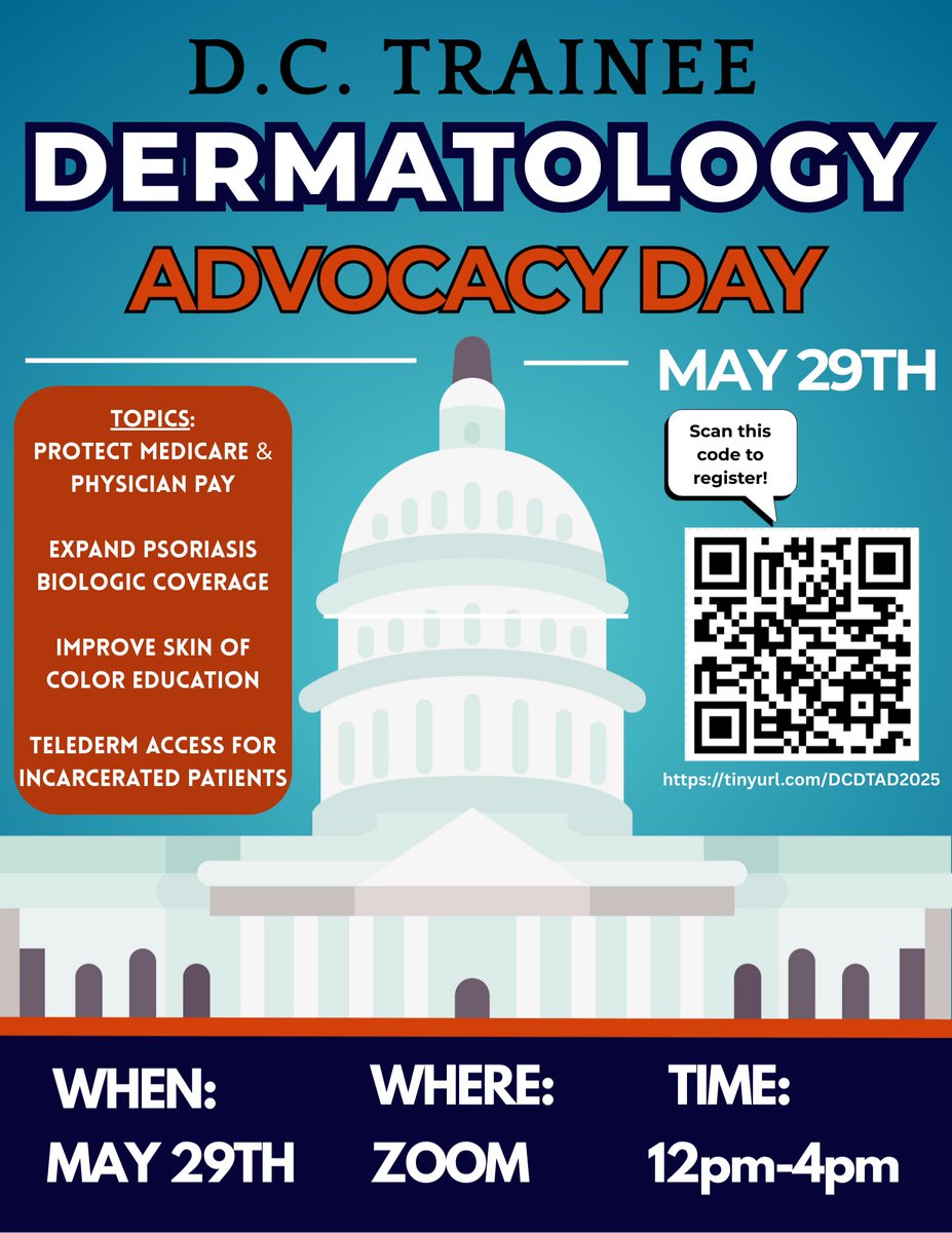 DermatologyTAD's tweet photo. 📷 Join us for DC’s 1st DTAD on May 29 (12-4PM ET)!
📷 Policy talks
📷 Advocacy skills training
📷 Networking w/ derm leaders
📷 Topics: Medicare cuts, biologics access, skin of color, Telederm for incarcerated patients
📷Register: https://t.co/AsBzYJ0xKh
#DCDTAD25 #DermTwitter https://t.co/1huSflL38U