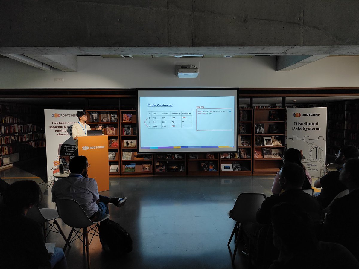 rootconf's tweet photo. Diving into @PostgreSQL MVCC  internals with @RohanJnr45 at @rootconf's #DistributedDataSystems track https://t.co/C59BpqoAss