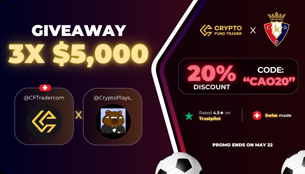 CryptoPlays_'s tweet photo. CFT x OSASUNA giveaway is here 🎁

$15K challenge account - x3 $5,000 

How to Qualify:
• Follow @CFTradercom & @CryptoPlays_ 
• Retweet this post 
• Tag 3 friends

Additionally, you can now get 20% off all evaluation account when you purchase an account using the code “CAO20”

Grab yourself an account now at: https://t.co/ijzk2lZNhI

@GiveRep Note: This offer ends in 5 days. Don’t miss out!