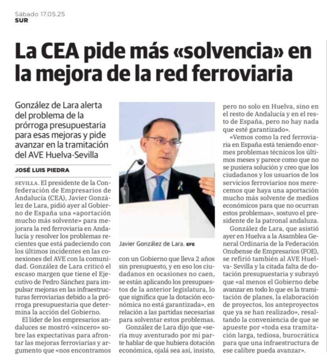 CEAes_'s tweet photo. 👉 Javier González de Lara,  presidente de CEA, alerta del problema de la prórroga presupuestaria para la mejora de la Red Ferroviaria y pide avanzar en el AVE Huelva - Sevilla.

Hoy en @DiarioSUR https://t.co/JMWGjRaRJP