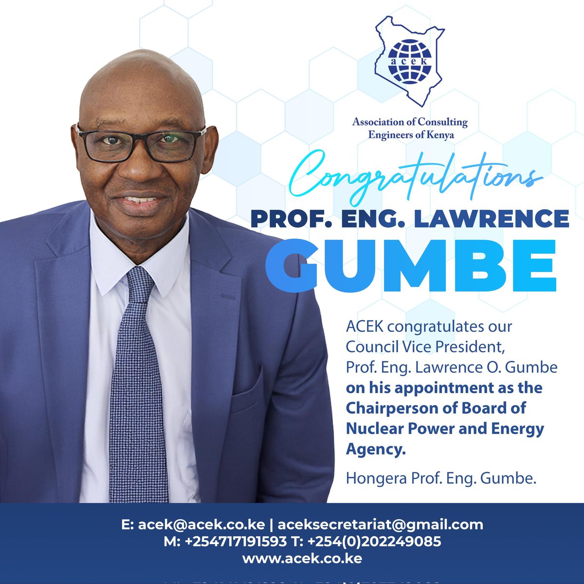 The Association of Consulting Engineers of Kenya (@acek1968) on Twitter photo Congratulations to Prof. Eng. Lawrence O. Gumbe, Vice President of ACEK Council, on his appointment as Chairperson of the Board of Nuclear Power and Energy Agency.
<a href="/TheIEK/">The Institution of Engineers of Kenya</a>
<a href="/EngineersBoard/">Engineers Board of Kenya</a> Congratulations to Prof. Eng. Lawrence O. Gumbe, Vice President of ACEK Council, on his appointment as Chairperson of the Board of Nuclear Power and Energy Agency.
<a href="/TheIEK/">The Institution of Engineers of Kenya</a>
<a href="/EngineersBoard/">Engineers Board of Kenya</a>