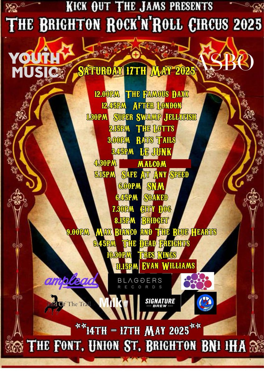 Kick Out The Jams (@kikoutthejams) on Twitter photo Today's Brighton schedule Jammers (Sat 17th May). Come and see 16 bands perform on a stage perched on top of a bar! You ain't nothing like it. Free entry! #gigs #brightongigs #indie #rocknroll <a href="/Thefontbrighton/">Thefontbrighton</a> Today's Brighton schedule Jammers (Sat 17th May). Come and see 16 bands perform on a stage perched on top of a bar! You ain't nothing like it. Free entry! #gigs #brightongigs #indie #rocknroll <a href="/Thefontbrighton/">Thefontbrighton</a>