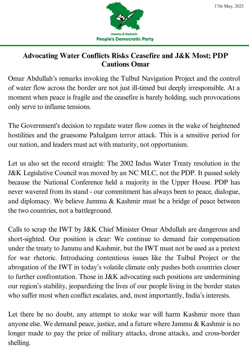 jkpdp's tweet image. Advocating Water Conflicts Risks Ceasefire and J&amp;amp;K Most; PDP Cautions Omar

Omar Abdullah’s remarks invoking the Tulbul Navigation Project and the control of water flow across the border are not just ill-timed but deeply irresponsible. At a moment when peace is fragile and the…