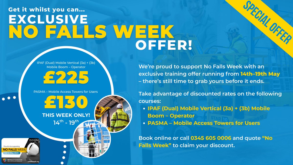 Our No Falls Week discount is available until 19th May – don’t miss your chance to grab it while it lasts. 
📅 Secure your spot today:
Book your IPAF dual training here: hsstraining.com/course/ipaf-du…
Book your PASMA for users training here: hsstraining.com/course/pasma-m…