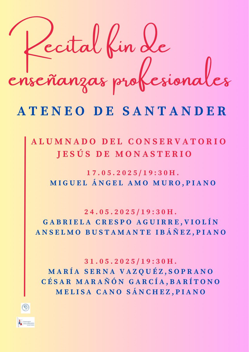 cmjm_santander's tweet photo. Este fin de semana comienzan los recitales fin de enseñanzas profesionales. Nuestro alumnado ofrecerá en las próximas semanas conciertos antes de finalizar esta gran etapa. Gracias al Ateneo de Santander y al Club de Regatas por la gran acogida a nuestro alumnado. ¡Os esperamos! https://t.co/sCtxlEWsae