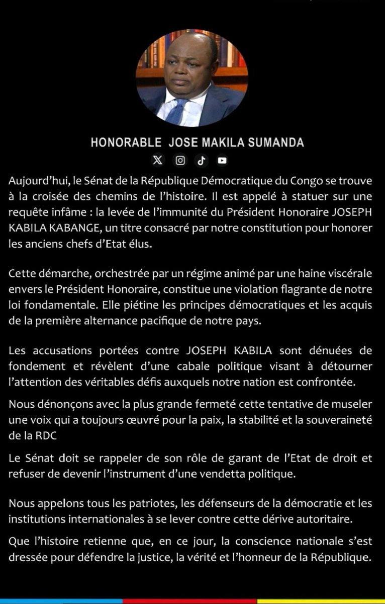 Issa Fofana (@issafofanaa) on Twitter photo Hon <a href="/josemakila5/">Jose s Makila</a> hausse le ton :
La levée d'immunité de JKK est une manœuvre politique injustifiée qui viole la constitutº. Elle vise à l'éliminer symboliquement plutôt qu'à rendre justice, et détourne l'attention des vrais enjeux nationaux. Sénat doit défendre l'état de droit. Hon <a href="/josemakila5/">Jose s Makila</a> hausse le ton :
La levée d'immunité de JKK est une manœuvre politique injustifiée qui viole la constitutº. Elle vise à l'éliminer symboliquement plutôt qu'à rendre justice, et détourne l'attention des vrais enjeux nationaux. Sénat doit défendre l'état de droit.