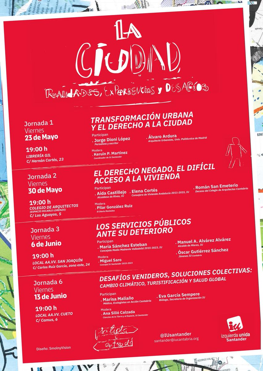‼️ Segunda edición de las Jornadas de IU Santander, una propuesta para seguir reflexionando sobre la ciudad.

🎯 En esta ocasión, proponemos 4 mesas redondas sobre temas claves: modelo de ciudad, vivienda, servicios públicos y retos medioambientales.

¡Id reservando las fechas!