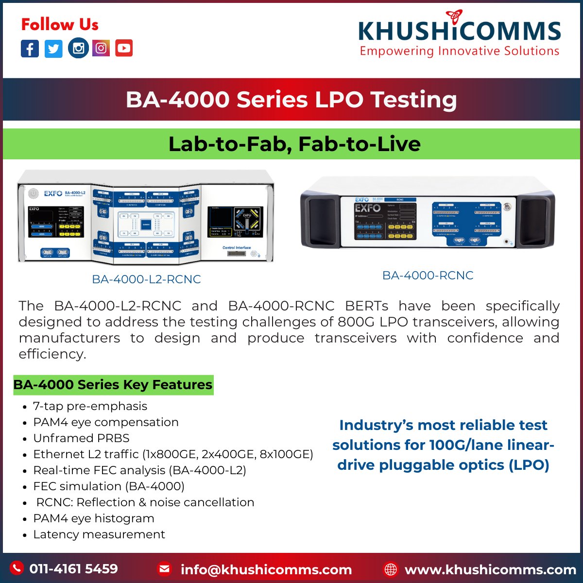 Khushicomms1's tweet image. BA-4000 series, including the BA-4000-L2-RCNC and BA-4000-RCNC models, offers robust solutions for testing 800G linear-drive pluggable optics (LPO) transceivers. 

#800G #LPO #PAM4 #FECAnalysis #BERTesting #NetworkInfrastructure #NextGenNetworking #RCNC #SignalIntegrity