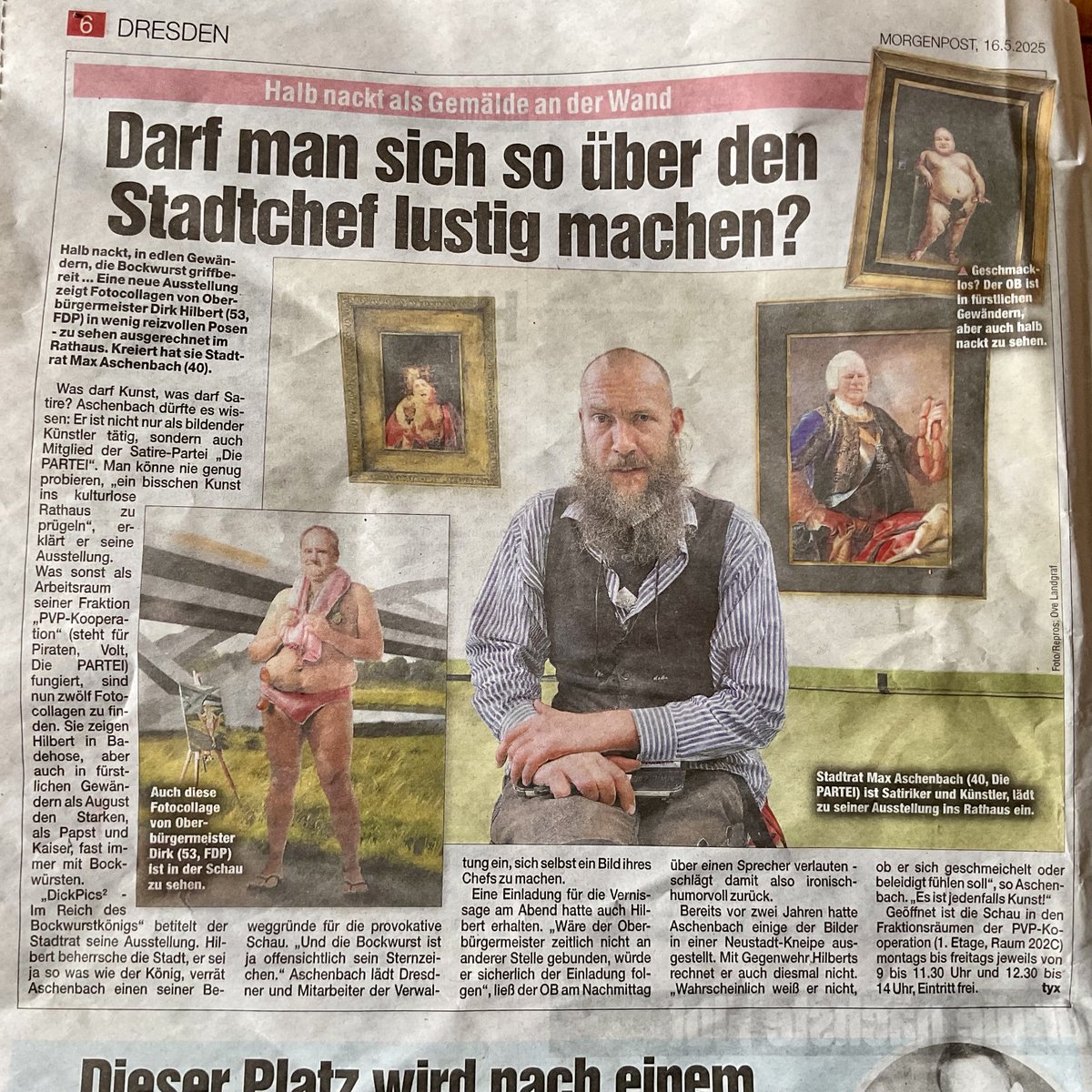 Die Presse berichtet: Sternzeichen Bockwurst!

Meine Ausstellung „DickPics - Im Reich des Bockwurstkönigs“ begeistert die Untertanen, alle lachen. 
Die anwesende 4.Gewalt verteidigt wacker unsere Freiheit, indem sie fragt: Darf man das?

Hurra.