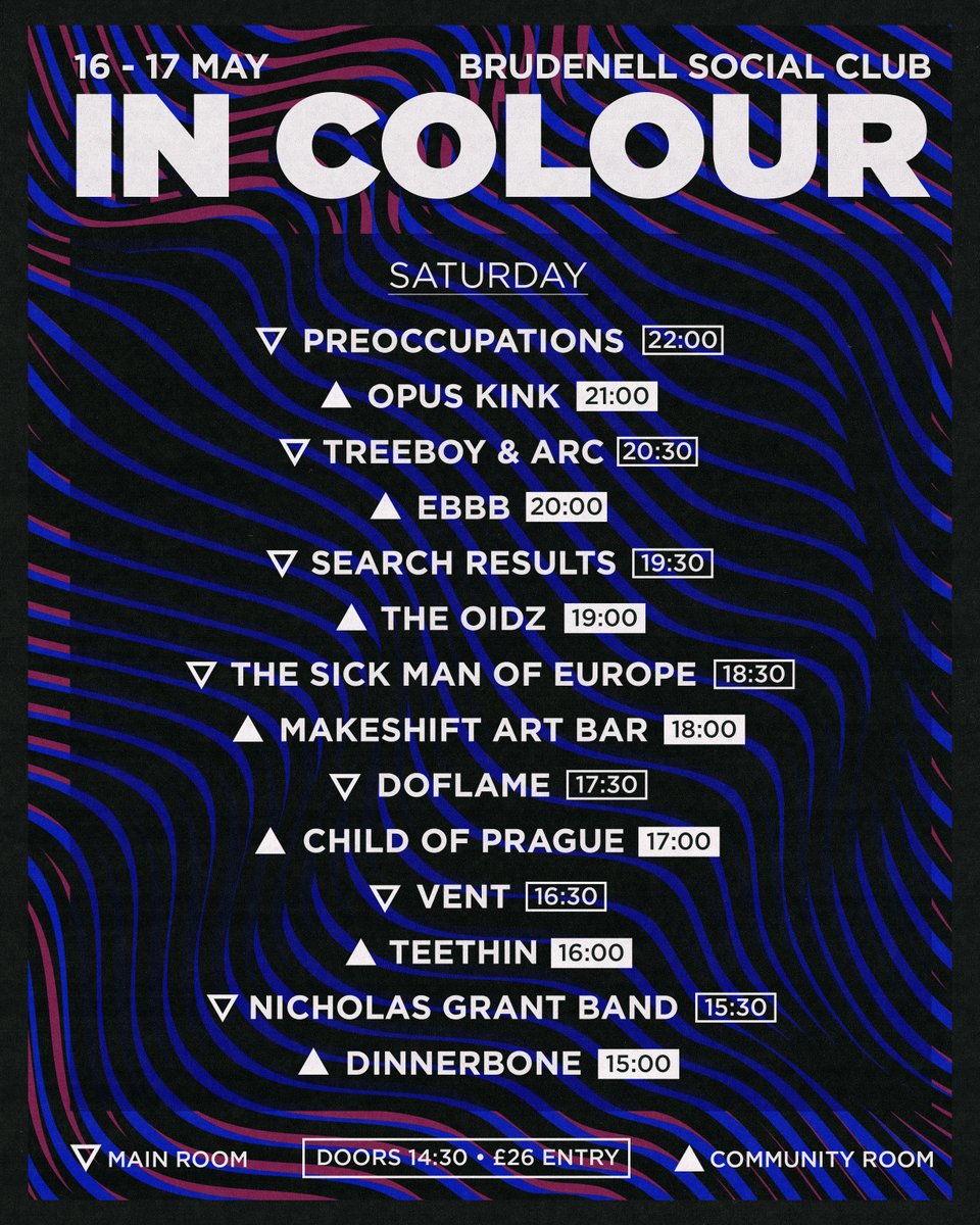 Brudenell Presents (@brudpresents) on Twitter photo 14 BANDS / BOTH ROOMS / NO CLASHES ⚡️
Stacked line-up here at The Brudenell today for IN COLOUR 2025, doors open at 14:30. 🕝
Ft. <a href="/pre_occupations/">Preoccupations</a> / <a href="/opuskink/">opuskink</a> / <a href="/treeboyandarc/">Treeboy & Arc</a> & LOADS MORE!
Remaining tickets below - lets go. 🏃
➡️ tinyurl.com/InColour2025-T… 14 BANDS / BOTH ROOMS / NO CLASHES ⚡️
Stacked line-up here at The Brudenell today for IN COLOUR 2025, doors open at 14:30. 🕝
Ft. <a href="/pre_occupations/">Preoccupations</a> / <a href="/opuskink/">opuskink</a> / <a href="/treeboyandarc/">Treeboy & Arc</a> & LOADS MORE!
Remaining tickets below - lets go. 🏃
➡️ tinyurl.com/InColour2025-T…