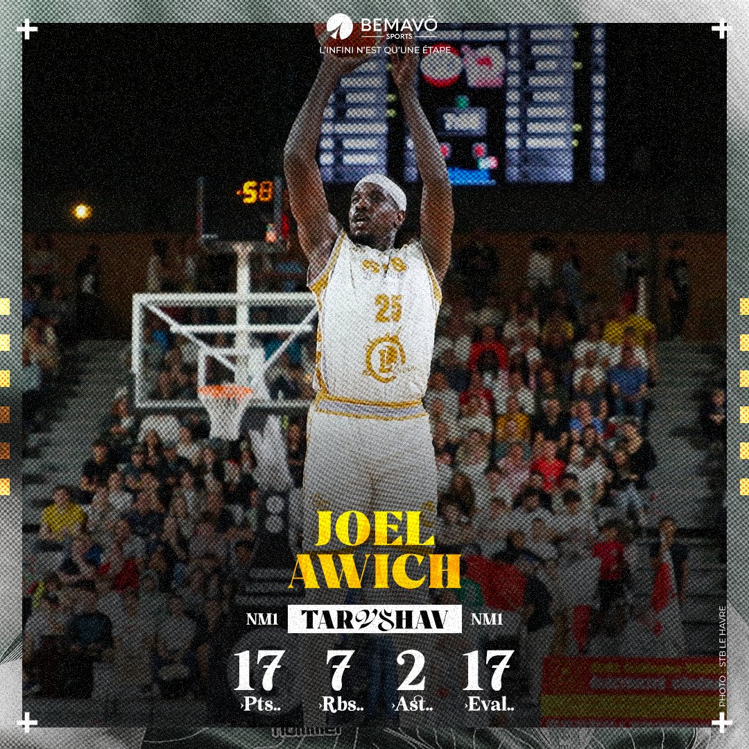 Belle prestation de notre soldat Joel Awich (<a href="/Awich25/">Yung Leez</a>) avec 1️⃣7️⃣pts, 7️⃣ rebonds, 2️⃣ passes décisives et 1️⃣7️⃣ d'évaluation 💪🏾 avec <a href="/stblehavre/">STB LE HAVRE 🏀🏀🏀</a> qui s'impose face à Tarbes-Lourdes pour le match 1 des 1/4 de finale des playoffs de NM1
#NM1 #SoldatDeLinfini #BemavoArmy