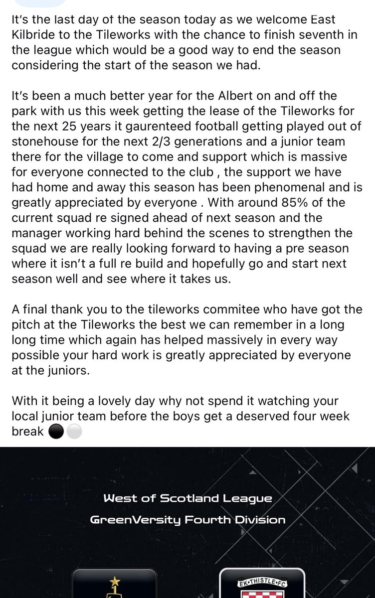 last game of the season today which overall going by the previous last few years has been a good season for the club on and off the park ⚫️⚪️ <a href="/GroundhopScot/">GroundhopScot 🏴󠁧󠁢󠁳󠁣󠁴󠁿</a>  <a href="/pieandbov/">Pie & Bovril 🏴󠁧󠁢󠁳󠁣󠁴󠁿</a>  <a href="/scottish_aff/">AmateurFixturesResultsSCO</a>  <a href="/SMMediaEnt/">SM Media</a>  <a href="/satfootballlive/">Saturday Football Live</a>  <a href="/Pyramidpro2025/">Pyramid Promotions</a>  <a href="/SMMediaEnt/">SM Media</a> <a href="/TheJuniorPuffer/">The Non-League Junior Puffer</a>  <a href="/CraigGTelfer/">Craig G Telfer</a>