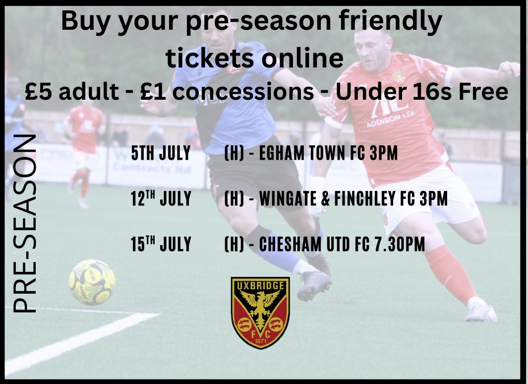 Uxbridge Football Club (@uxfc_redarmy) on Twitter photo Tickets for our first three friendly fixtures are now available to buy online £5/£1 at this link
app.fanbaseclub.com/Fan/Fixtures?i…
We have free parking, pitch-side bar and Grub Hub - see you soon! <a href="/EghamTown/">Egham Town FC</a> <a href="/WinFinchleyFC/">Wingate & Finchley FC</a> <a href="/cheshamutdfc/">Chesham United FC</a> Tickets for our first three friendly fixtures are now available to buy online £5/£1 at this link
app.fanbaseclub.com/Fan/Fixtures?i…
We have free parking, pitch-side bar and Grub Hub - see you soon! <a href="/EghamTown/">Egham Town FC</a> <a href="/WinFinchleyFC/">Wingate & Finchley FC</a> <a href="/cheshamutdfc/">Chesham United FC</a>